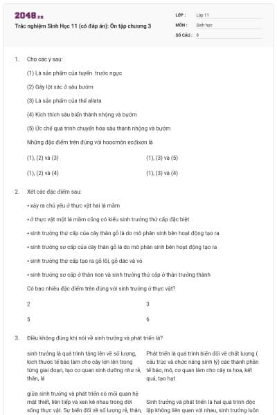 Trắc nghiệm Sinh Học 11 (có đáp án): Ôn tập chương 3