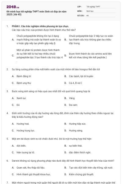 Đề minh họa tốt nghiệp THPT môn Sinh có đáp án năm 2025 ( Đề 45)