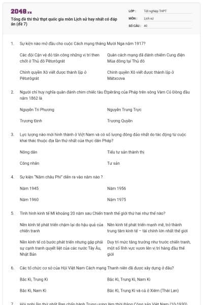 Tổng đề thi thử thpt quốc gia môn Lịch sử hay nhất có đáp án (đề 7)