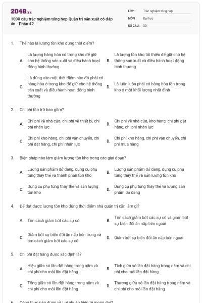 1000 câu trắc nghiệm tổng hợp Quản trị sản xuất có đáp án - Phần 42
