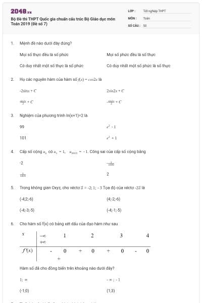 Bộ Đề thi THPT Quốc gia chuẩn cấu trúc Bộ Giáo dục môn Toán 2019 (Đề số 7)