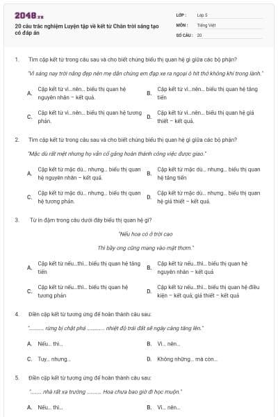 20 câu trắc nghiệm Luyện tập về kết từ Chân trời sáng tạo có đáp án