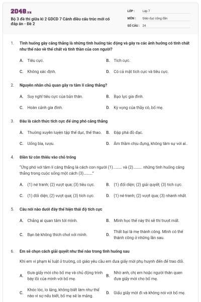 Bộ 3 đề thi giữa kì 2 GDCD 7 Cánh diều cấu trúc mới có đáp án - Đề 2