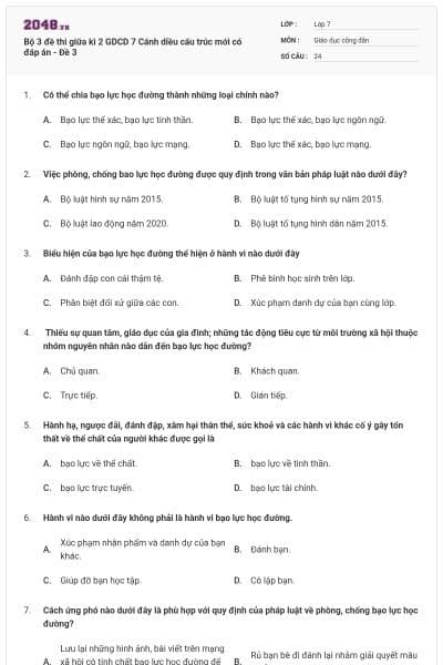 Bộ 3 đề thi giữa kì 2 GDCD 7 Cánh diều cấu trúc mới có đáp án - Đề 3