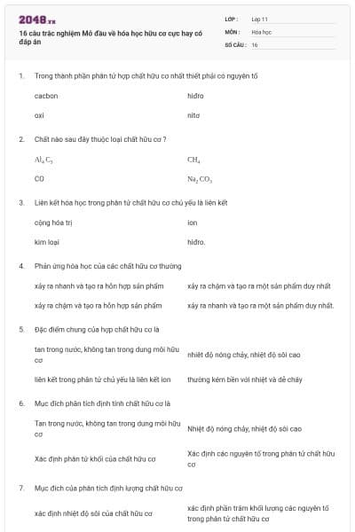 16 câu trắc nghiệm Mở đầu về hóa học hữu cơ cực hay có đáp án