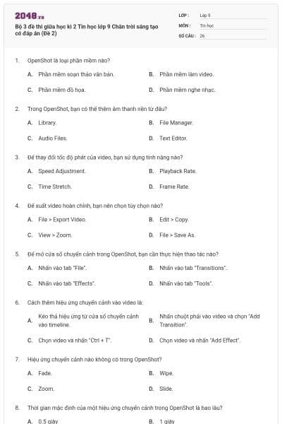 Bộ 3 đề thi giữa học kì 2 Tin học lớp 9 Chân trời sáng tạo có đáp án (Đề 2)