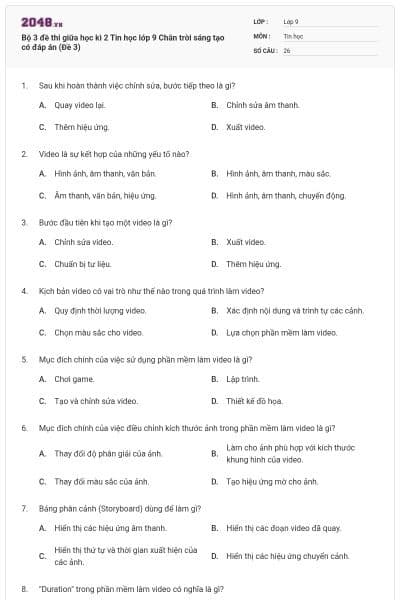 Bộ 3 đề thi giữa học kì 2 Tin học lớp 9 Chân trời sáng tạo có đáp án (Đề 3)