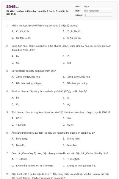 Đề kiểm tra định kì Khoa học tự nhiên 9 học kì 1 có đáp án (Đề 114)