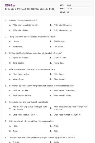 Đề thi giữa kì 2 Tin học 9 Kết nối tri thức có đáp án (Đề 3)