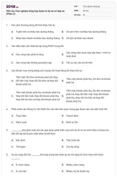900 câu Trắc nghiệm tổng hợp Quản trị dự án có đáp án (Phần 2)