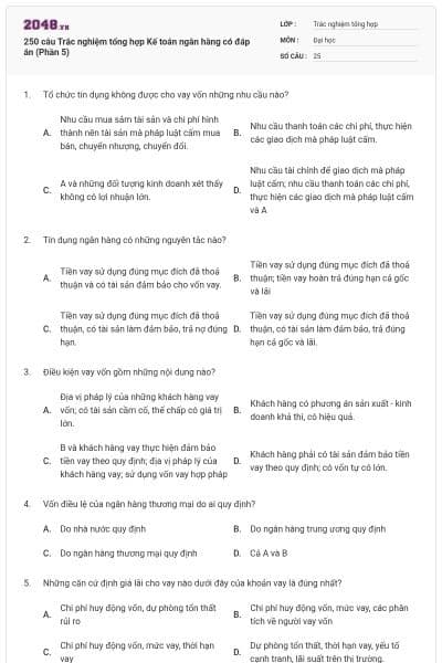 250 câu Trắc nghiệm tổng hợp Kế toán ngân hàng có đáp án (Phần 5)