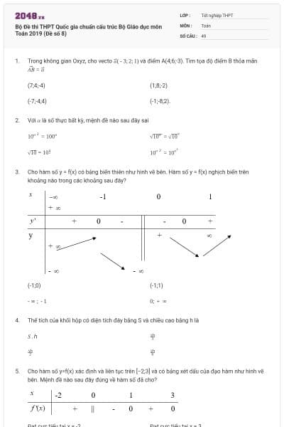Bộ Đề thi THPT Quốc gia chuẩn cấu trúc Bộ Giáo dục môn Toán 2019 (Đề số 8)
