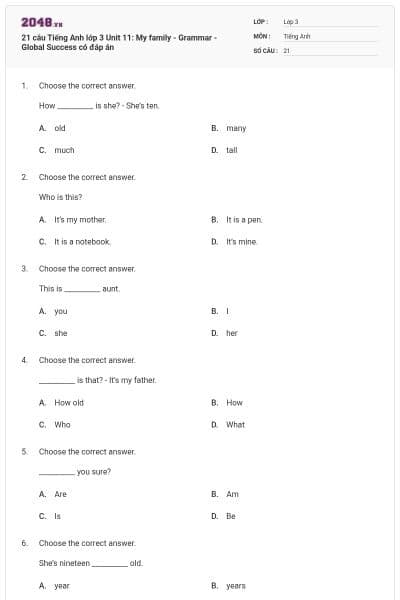21 câu Tiếng Anh lớp 3 Unit 11: My family - Grammar - Global Success có đáp án