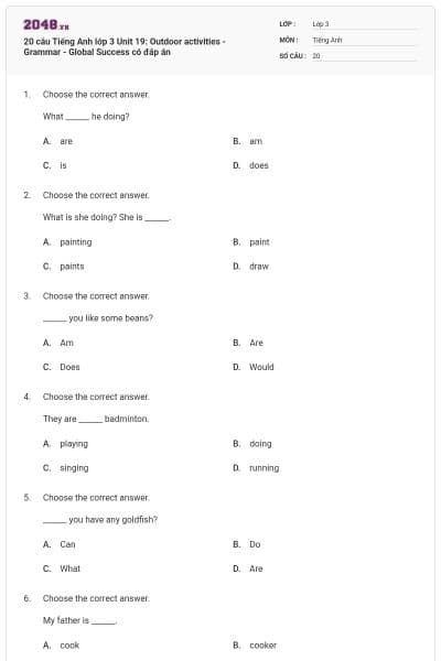 20 câu Tiếng Anh lớp 3 Unit 19: Outdoor activities - Grammar - Global Success có đáp án