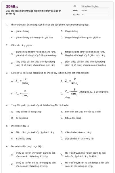 350 câu Trắc nghiệm tổng hợp Chi tiết máy có đáp án (Phần 5)