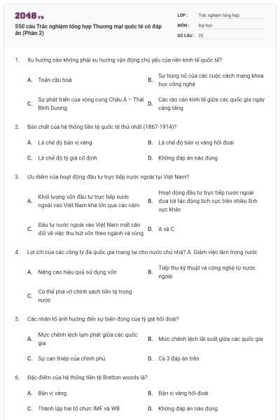 550 câu Trắc nghiệm tổng hợp Thương mại quốc tế có đáp án (Phần 2)