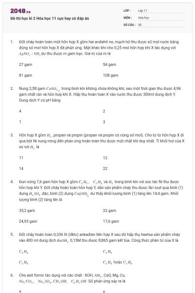 Đề thi học kì 2 Hóa học 11 cực hay có đáp án