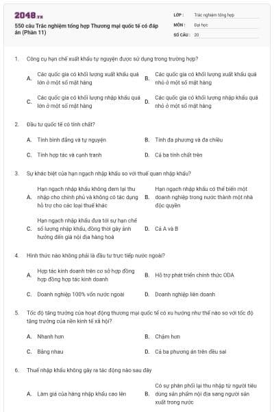 550 câu Trắc nghiệm tổng hợp Thương mại quốc tế có đáp án (Phần 11)