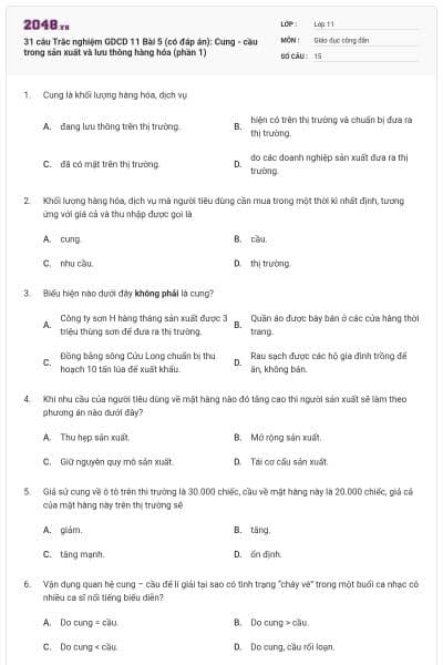 31 câu Trắc nghiệm GDCD 11 Bài 5 (có đáp án): Cung - cầu trong sản xuất và lưu thông hàng hóa (phần 1)