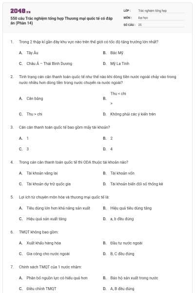 550 câu Trắc nghiệm tổng hợp Thương mại quốc tế có đáp án (Phần 14)