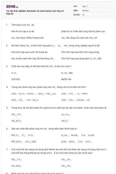 16 câu trắc nghiệm Amoniac và muối amoni cực hay có đáp án