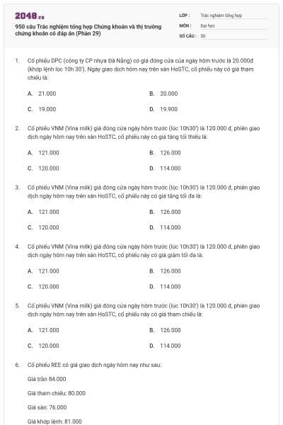 950 câu Trắc nghiệm tổng hợp Chứng khoán và thị trường chứng khoán có đáp án (Phần 29)