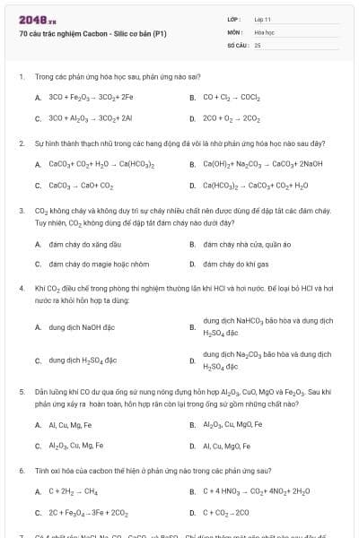 70 câu trắc nghiệm Cacbon - Silic cơ bản (P1)