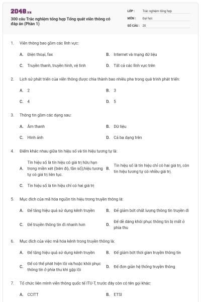 300 câu Trắc nghiệm tổng hợp Tổng quát viễn thông có đáp án (Phần 1)