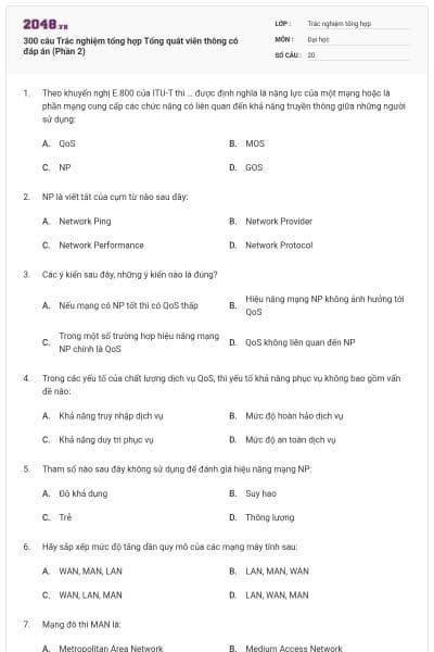 300 câu Trắc nghiệm tổng hợp Tổng quát viễn thông có đáp án (Phần 2)