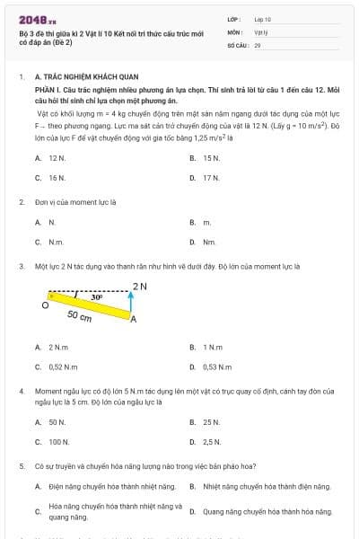 Bộ 3 đề thi giữa kì 2 Vật lí 10 Kết nối tri thức cấu trúc mới có đáp án (Đề 2)