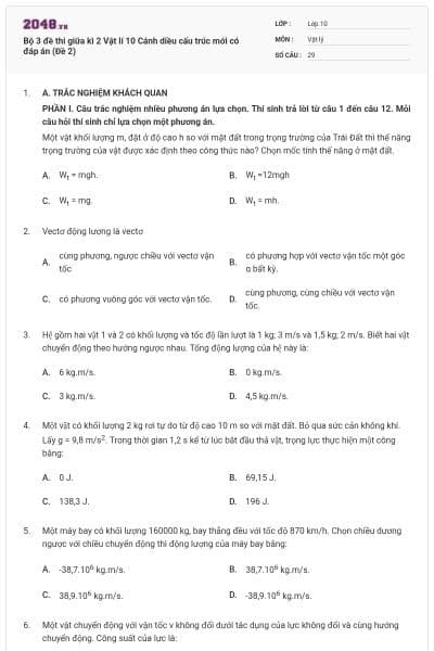 Bộ 3 đề thi giữa kì 2 Vật lí 10 Cánh diều cấu trúc mới có đáp án (Đề 2)