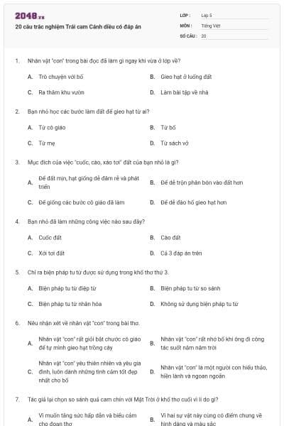 20 câu trắc nghiệm Trái cam Cánh diều có đáp án