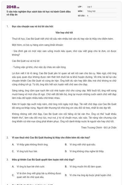 5 câu trắc nghiệm Đọc sách báo về học và hành Cánh diều có đáp án