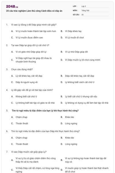 20 câu trắc nghiệm Làm thủ công Cánh diều có đáp án