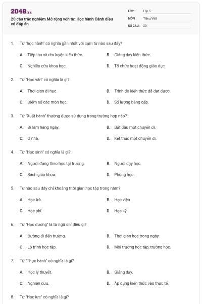 20 câu trắc nghiệm Mở rộng vốn từ: Học hành Cánh diều có đáp án