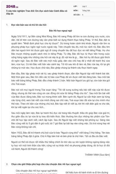 5 câu trắc nghiệm Trao đổi: Em đọc sách báo Cánh diều có đáp án