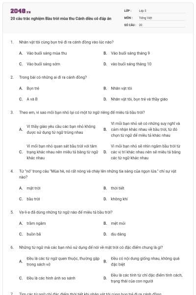 20 câu trắc nghiệm Bầu trời mùa thu Cánh diều có đáp án