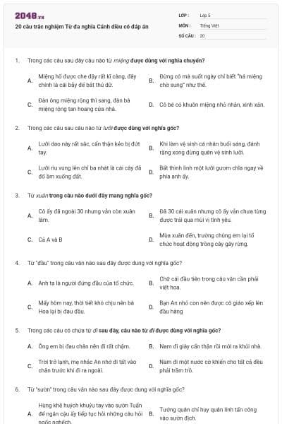 20 câu trắc nghiệm Từ đa nghĩa Cánh diều có đáp án