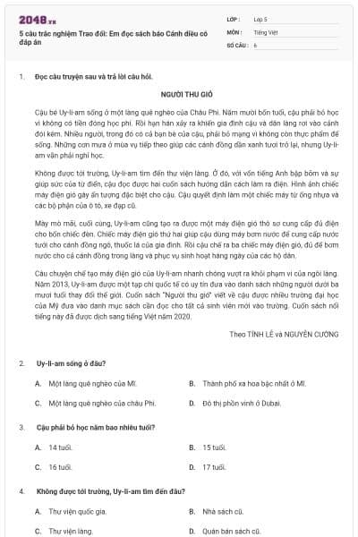 5 câu trắc nghiệm Trao đổi: Em đọc sách báo Cánh diều có đáp án