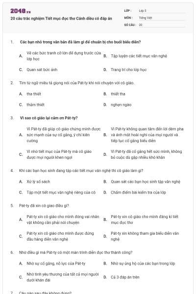 20 câu trắc nghiệm Tiết mục đọc thơ Cánh diều có đáp án