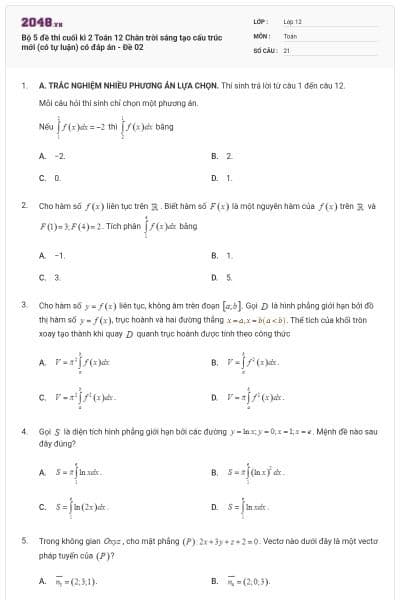 Bộ 5 đề thi cuối kì 2 Toán 12 Chân trời sáng tạo cấu trúc mới (có tự luận) có đáp án - Đề 02