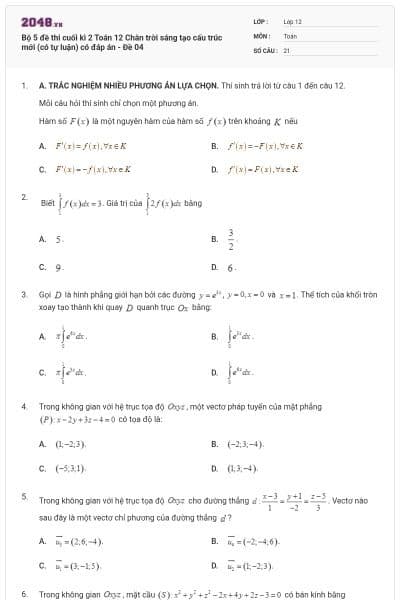 Bộ 5 đề thi cuối kì 2 Toán 12 Chân trời sáng tạo cấu trúc mới (có tự luận) có đáp án - Đề 04