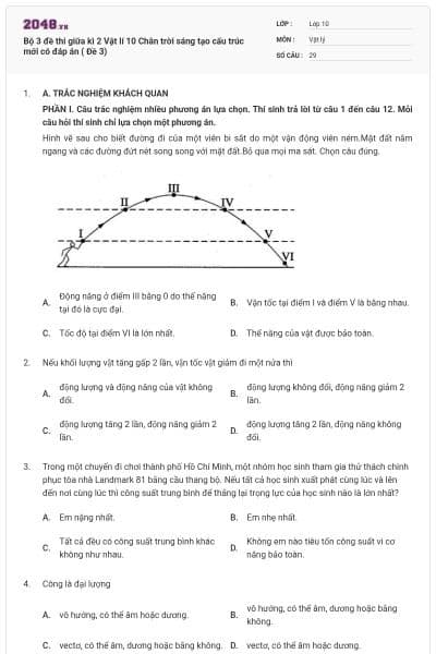 Bộ 3 đề thi giữa kì 2 Vật lí 10 Chân trời sáng tạo cấu trúc mới có đáp án ( Đề 3)