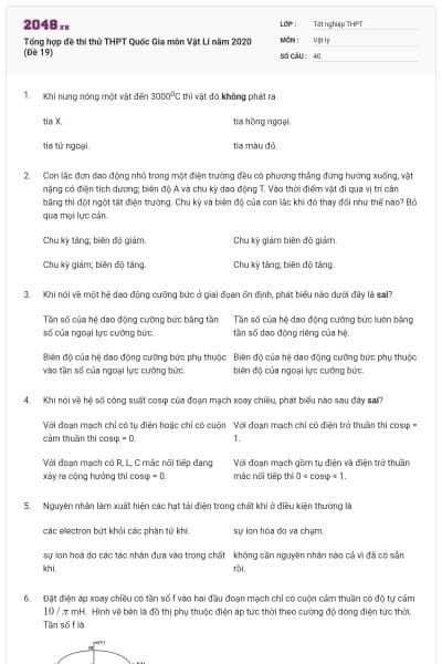 Tổng hợp đề thi thử THPT Quốc Gia môn Vật Lí năm 2020 (Đề 19)