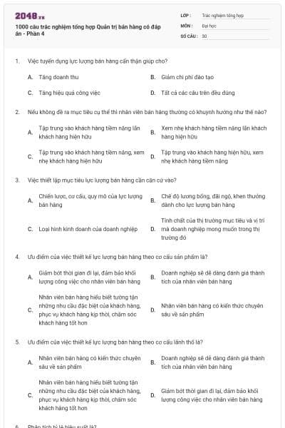 1000 câu trắc nghiệm tổng hợp Quản trị bán hàng có đáp án - Phần 4