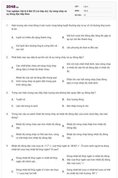 Trắc nghiệm Vật lý 6 Bài 25 (có đáp án): Sự nóng chảy và sự đông đặc tiếp theo