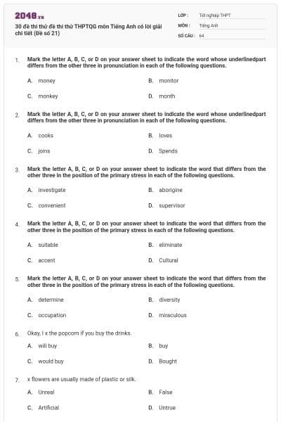 30 đề thi thử đề thi thử THPTQG môn Tiếng Anh có lời giải chi tiết (Đề số 21)