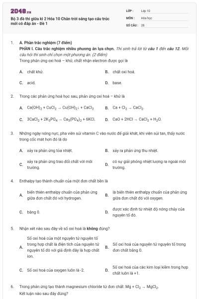 Bộ 3 đề thi giữa kì 2 Hóa 10 Chân trời sáng tạo cấu trúc mới có đáp án - Đề 1