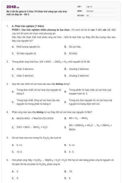 Bộ 3 đề thi giữa kì 2 Hóa 10 Chân trời sáng tạo cấu trúc mới có đáp án - Đề 3