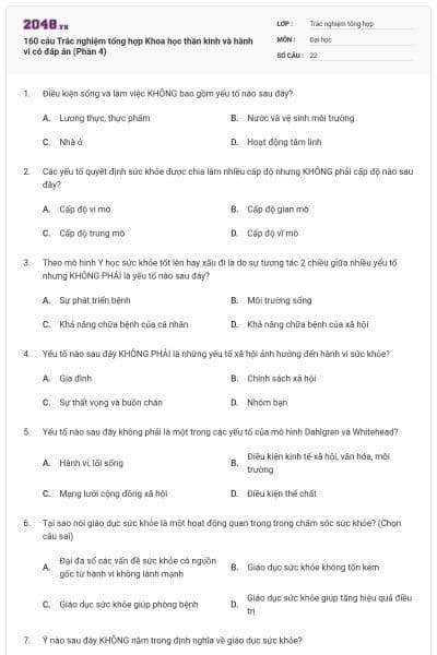 160 câu Trắc nghiệm tổng hợp Khoa học thần kinh và hành vi có đáp án (Phần 4)